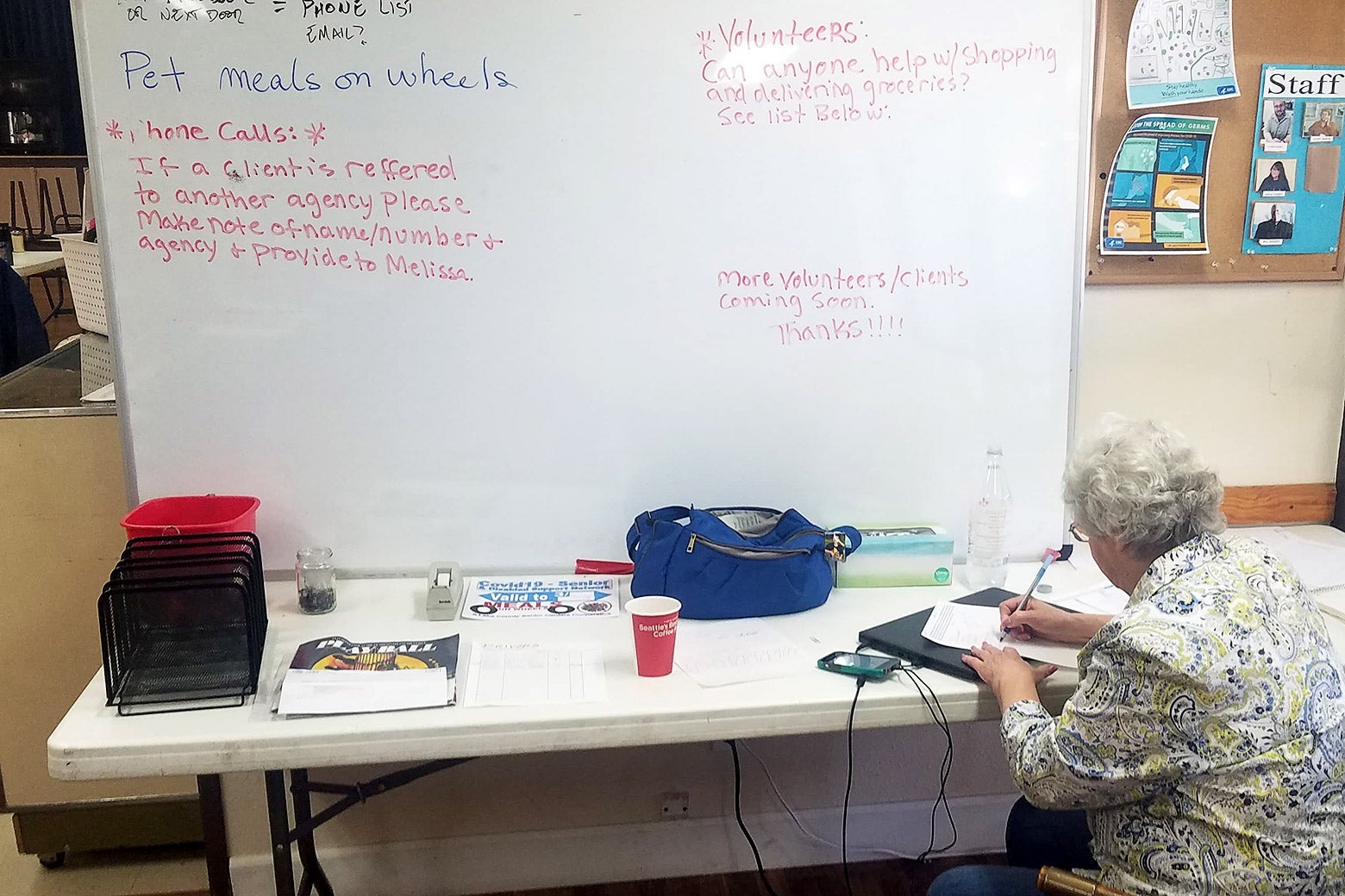 A volunteer in front of a white board.