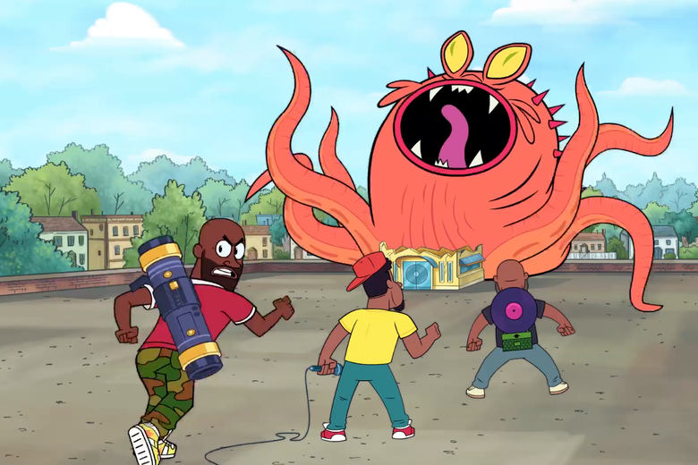 The cartoon versions of De La Soul fight a giant octopus.