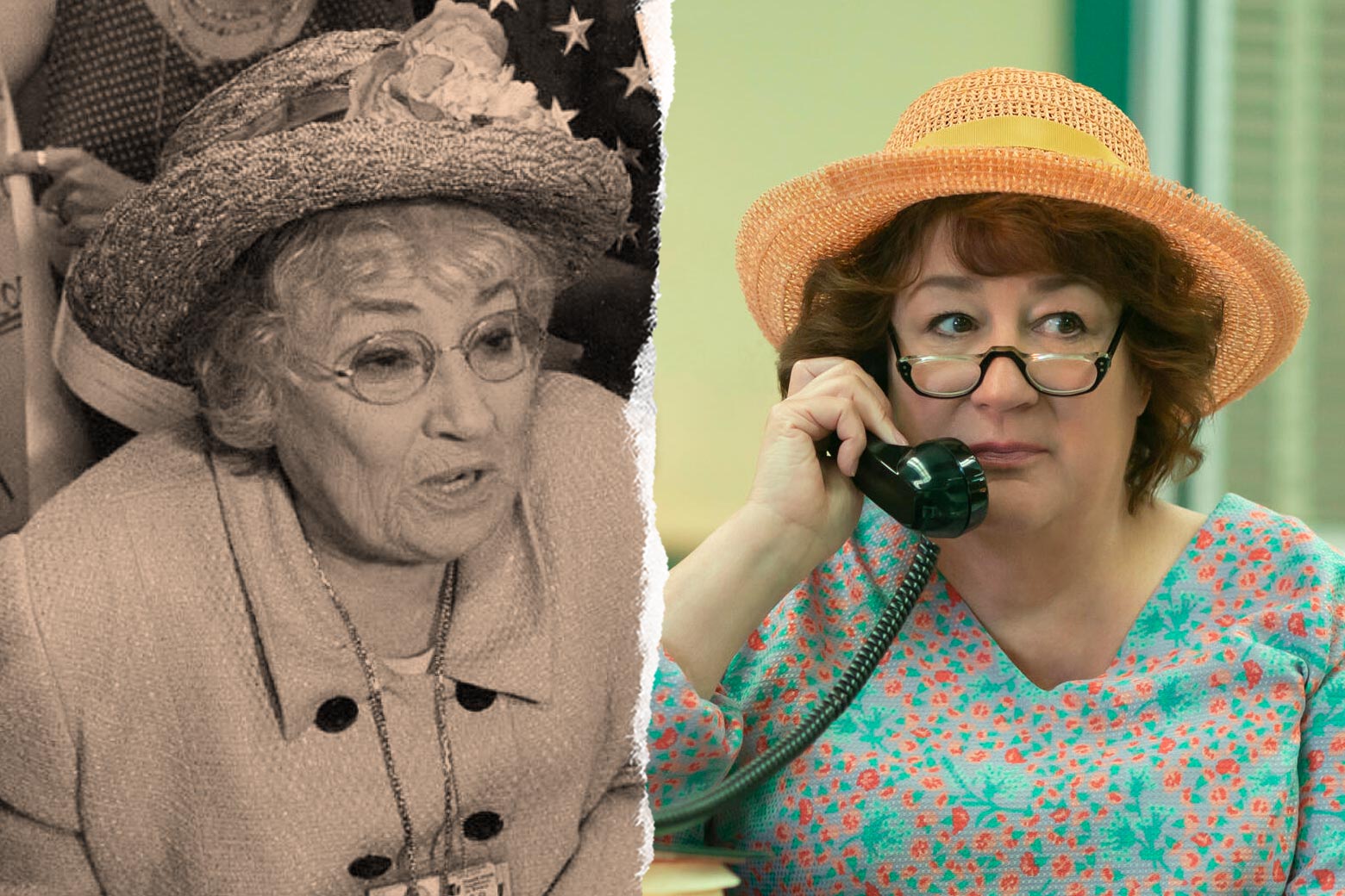 A black and white photograph of the real Bella Abzug, wearing her famous big hat and glasses, beside a color image of Margo Martindale playing Abzug on Mrs. America, in a similar hat and glasses. 