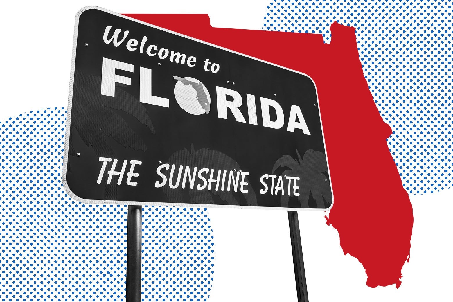 A sign reads "Welcome to Florida, the Sunshine State" in front of an outline of the state.