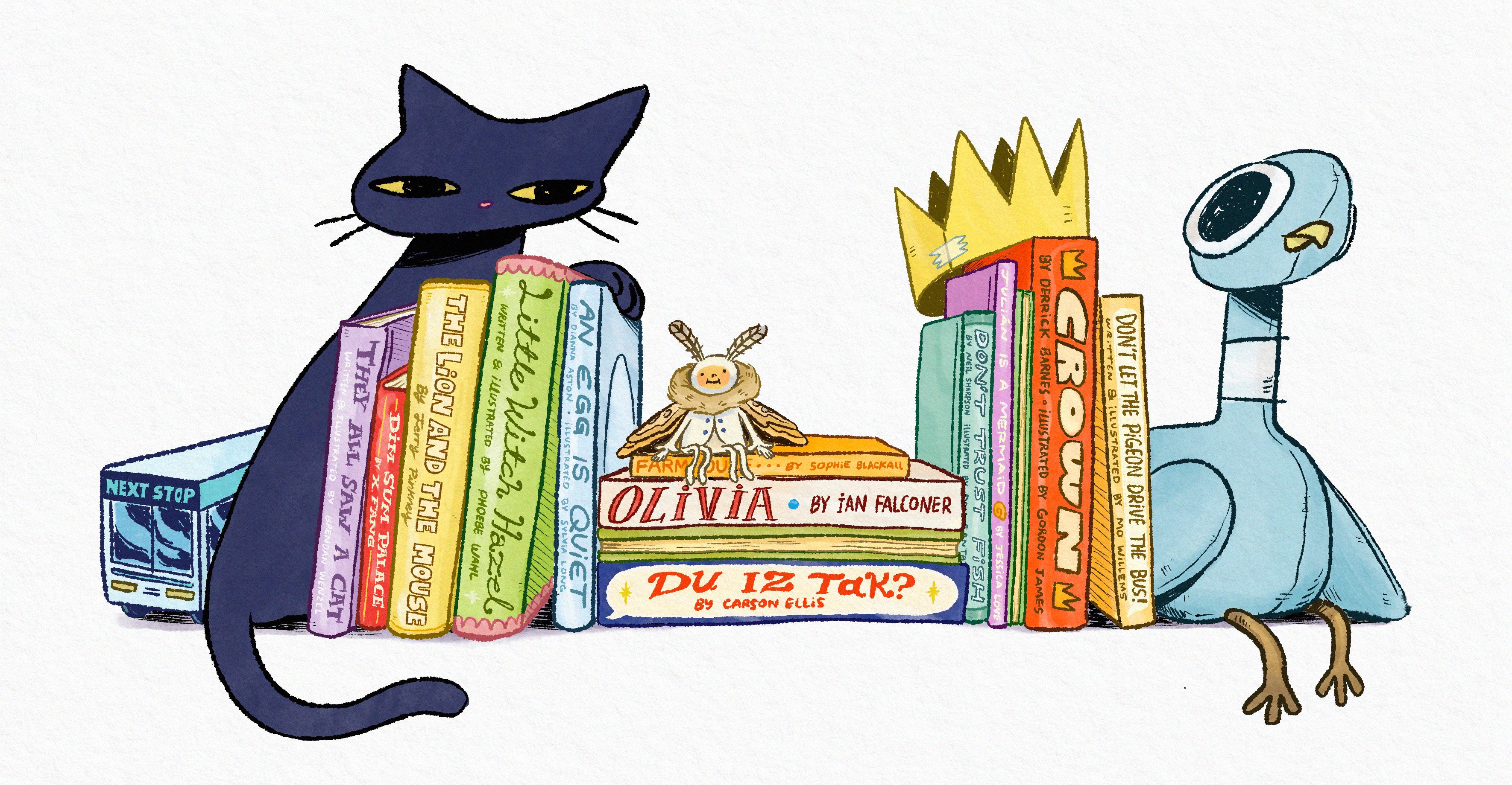 Illustration of a child's bookshelf that contains many of the books in this list, including Julián Is a Mermaid, Crown, Olivia, and They All Saw a Cat..