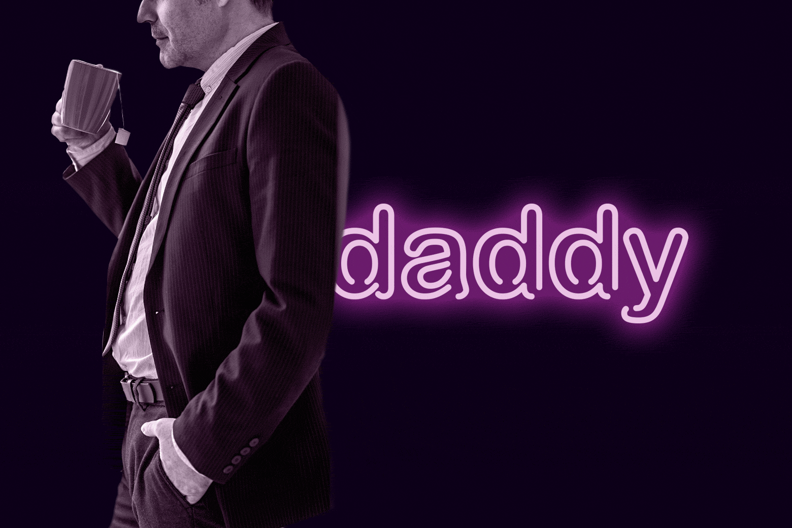 A man in a suit drinking coffee in front of a flashing "daddy" si...