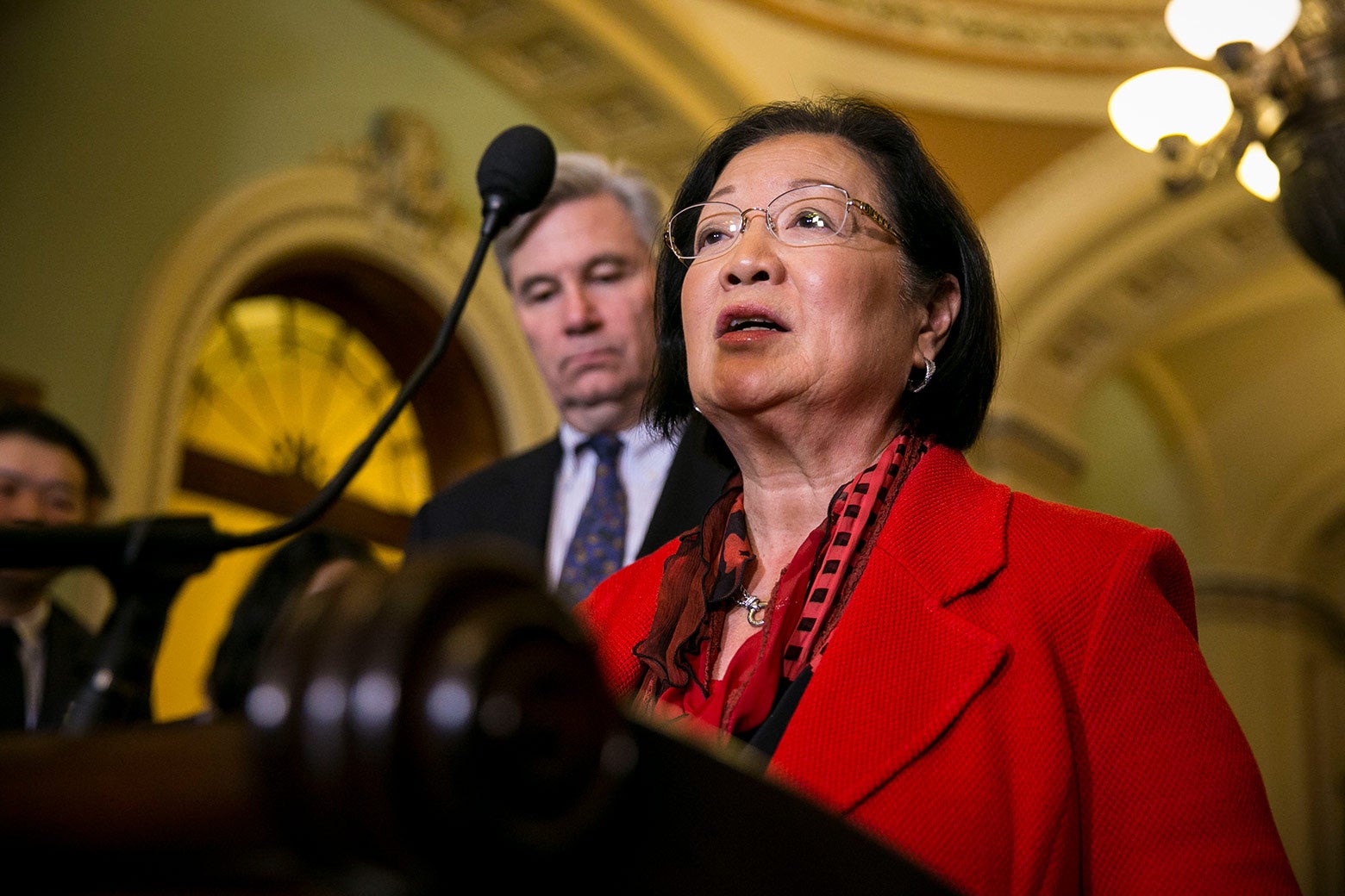 Sen. Mazie Hirono speaks to reporters about President Donald Trump’s recent tweets during a news conference on Capitol Hill Friday in Washington.
