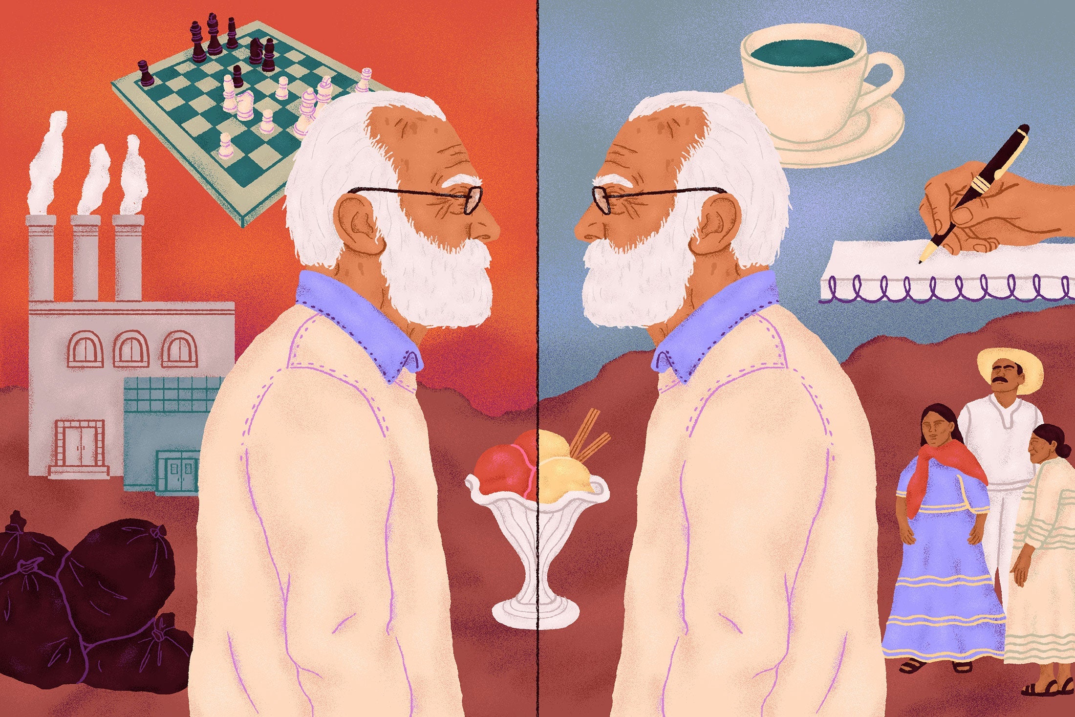 A man with white hair and eyeglasses facing his mirror image.