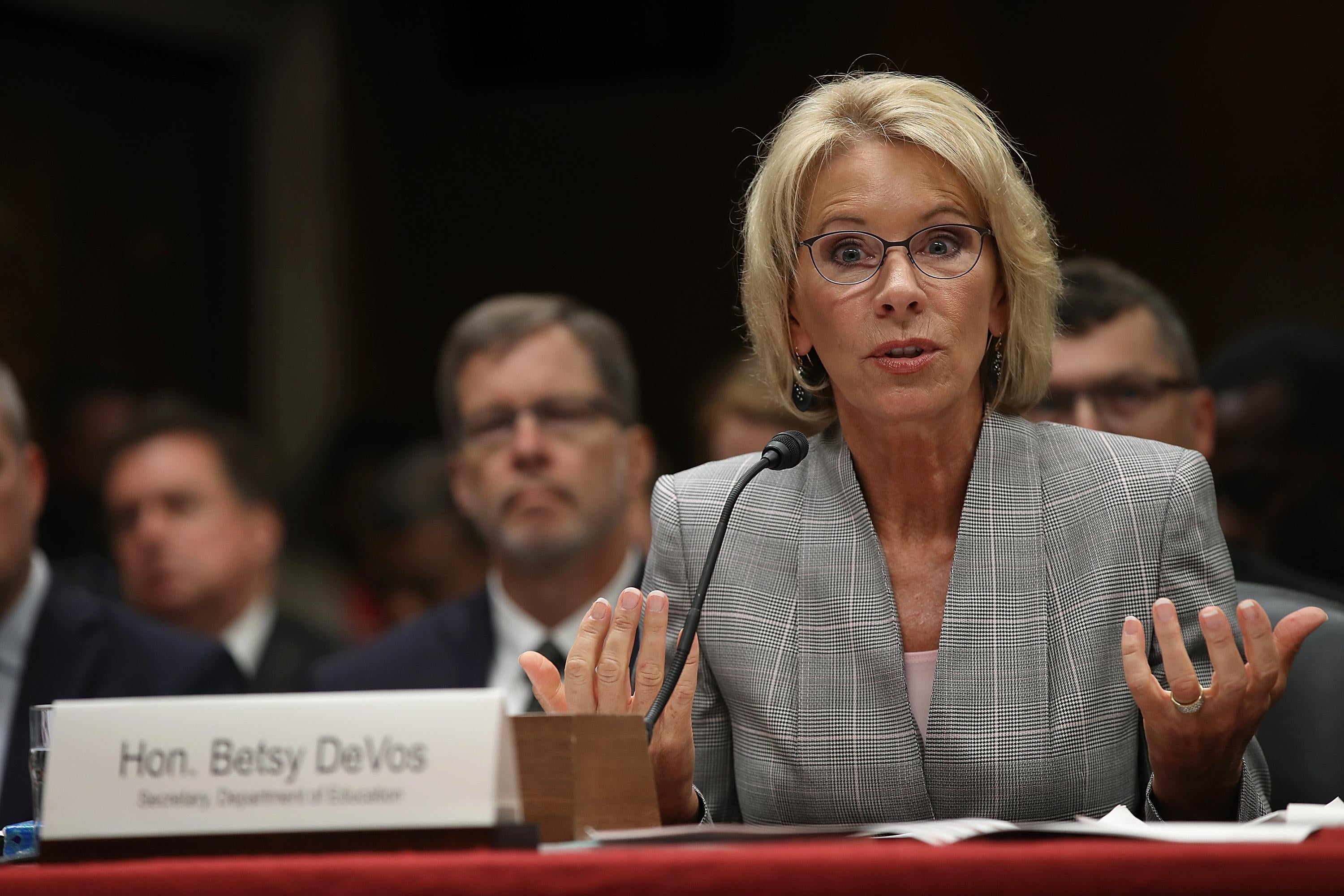 WASHINGTON, DC - JUNE 06:  Education Secretary Betsy DeVos testifies before the Senate Appropriations Committee on Capitol Hill June 6, 2017 in Washington, DC. DeVos testified on the fiscal year 2018 budget request for the Education Department.
 (Photo by Win McNamee/Getty Images)
