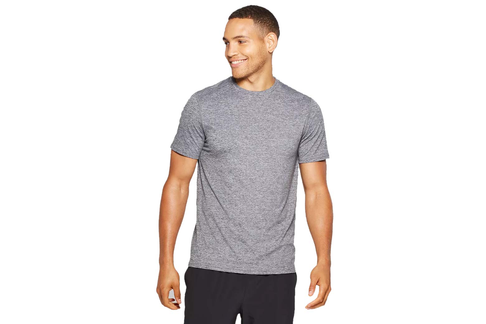 A model in a gray T-shirt.