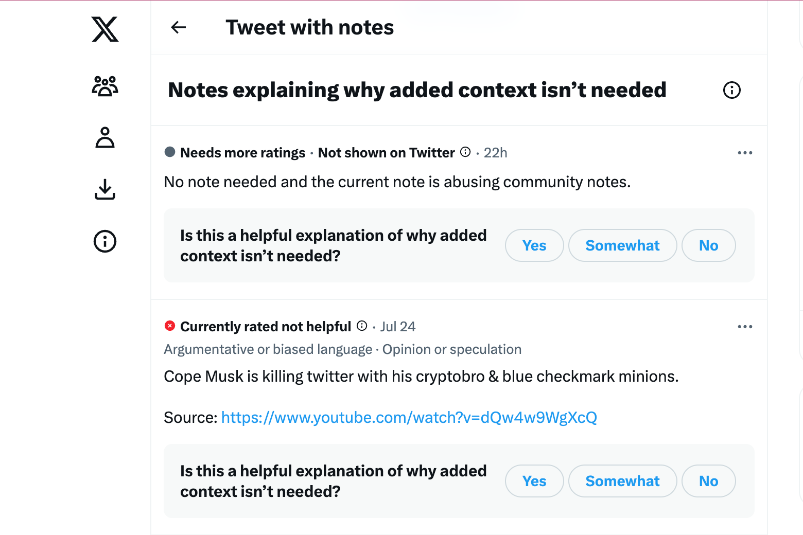 A screenshot of a Community Notes interface showing two suggested Notes beneath a tweet from Linda Yaccarino, one reading "Cope Musk is killing twitter with his cryptobro & blue checkmark minions," the other countering with "No note needed and the current note is abusing community notes."