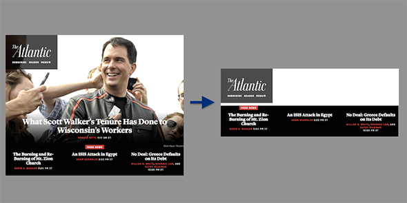 The Atlantic’s homepage sans extension, left, and the Atlantic’s homepage after installing the extension.