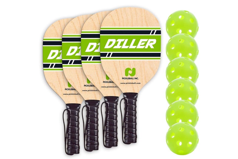 Four paddles and six pickleballs