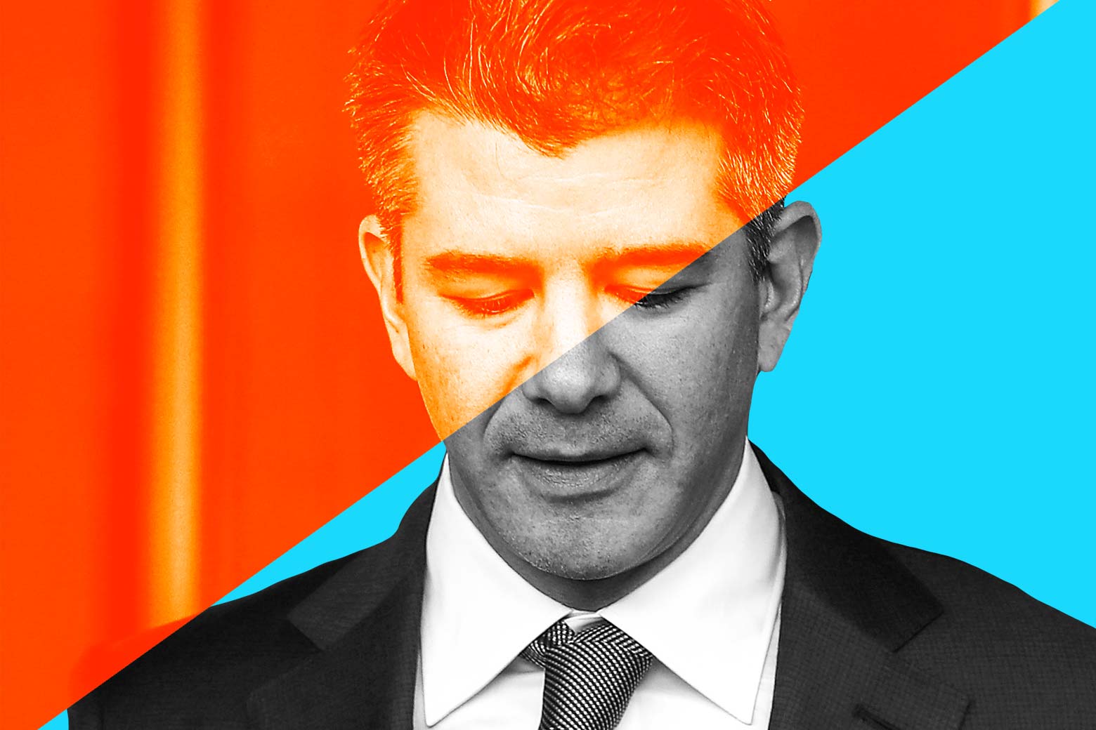 Travis Kalanick in red and blue triangles.