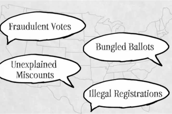 A U.S. map is seen with speech bubbles hovering over it, each featuring text: "Fraudulent Votes," "Unexplained Miscounts," "Bungled Ballots," "Illegal Registrations."