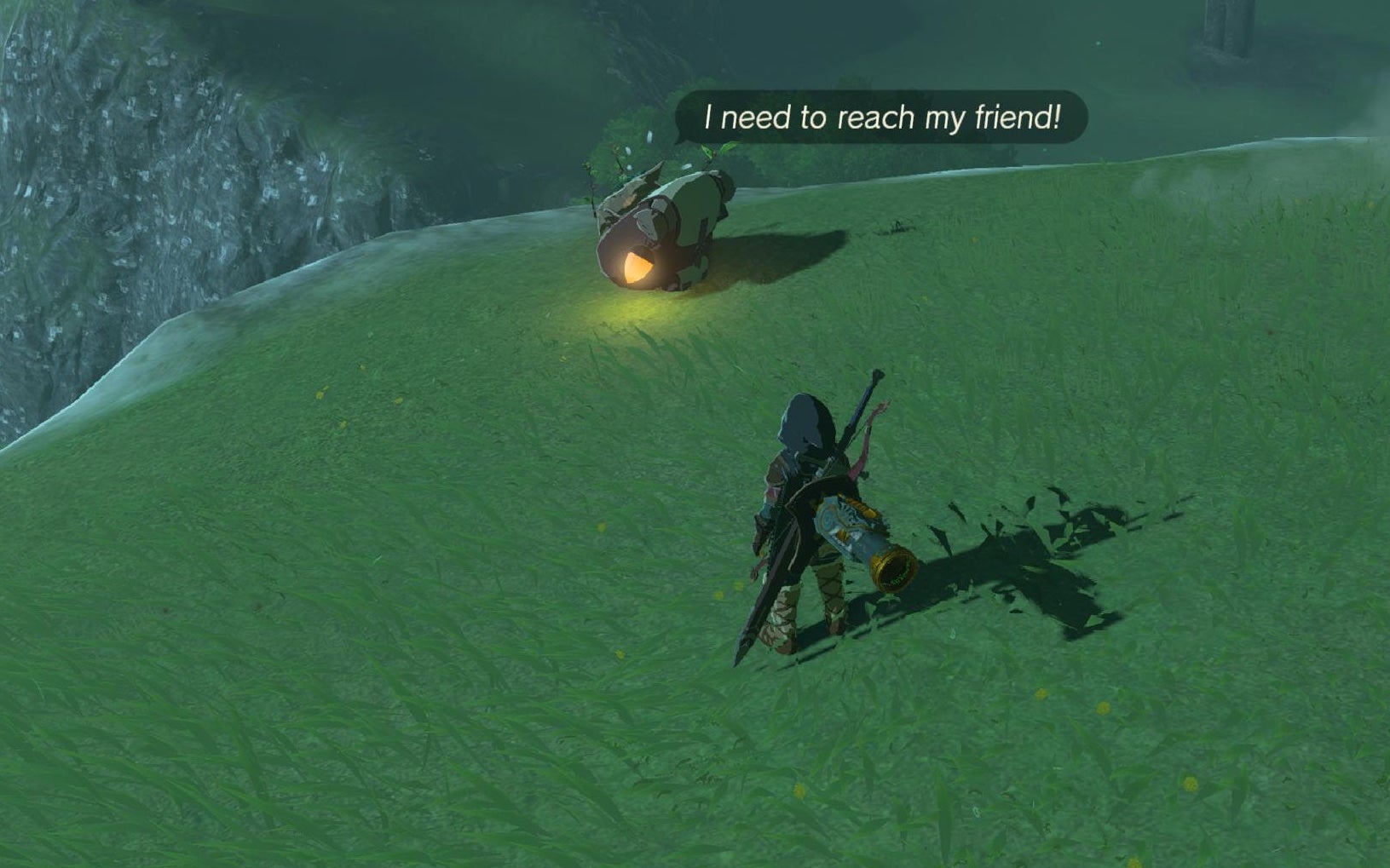 A korok with a backpack says, "I need to reach my friend!"