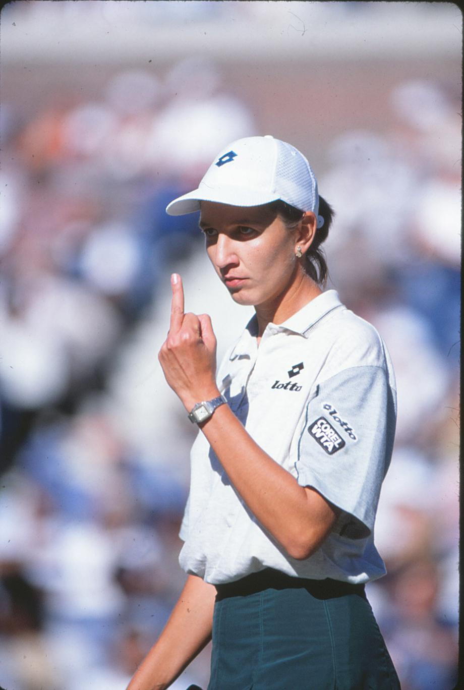 One of the most electrifying matches during Venus Williams’ run to the final of the 1997 US Open occurred during the semifinal against the veteran Irina Spirlea. During a changeover in the second set, Spirlea bumped into Williams using the excuse after the match that “She thinks she’s the fucking Venus Williams.” Mike Baz first started shooting the US Open in 1984 and was sitting behind Spirlea’s chair during the match when she “flipped the bird” to the crowd. “Mine was apparently the only camera pointed at her when she made the gesture,” Baz said.