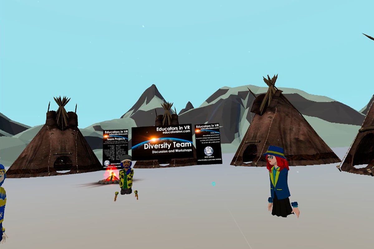 Two avatars in a virtual reality space featuring some tipis and mountains in the background, and advertising an Educators in VR Diversity Team