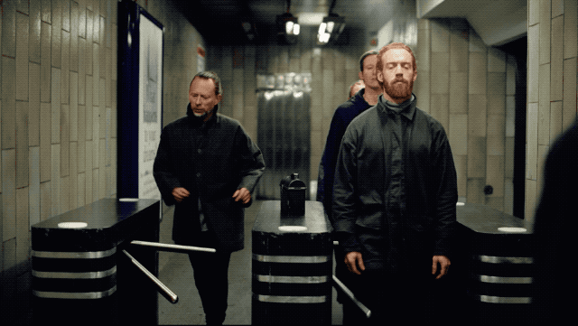 Thom Yorke tries to get through a turnstile and fails.