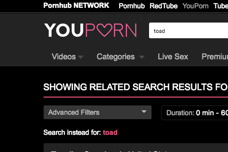 The top of the YouPorn website with the word "toad" typed into the search bar.