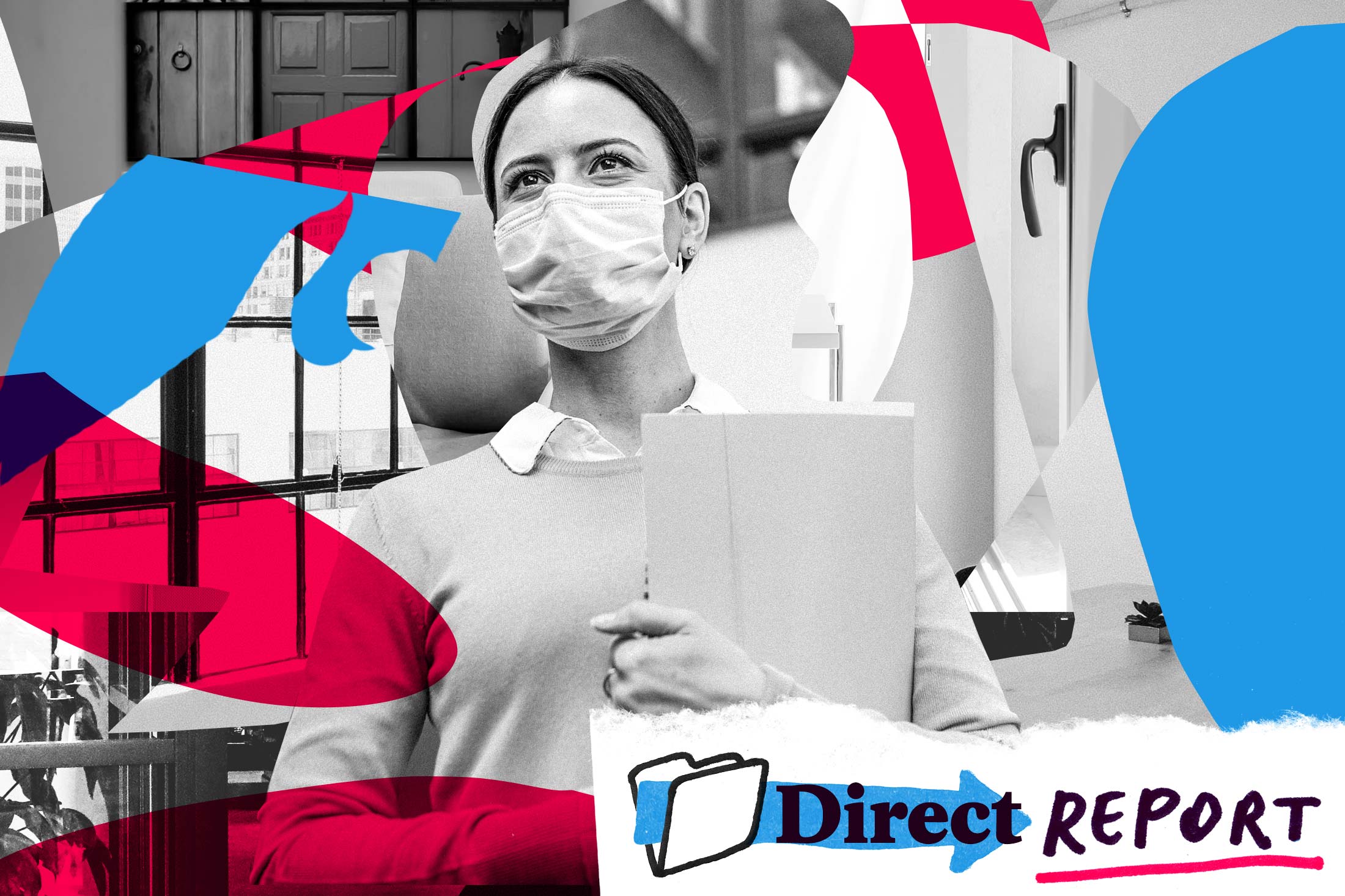 A woman wearing a mask holds a folder while standing in her office.