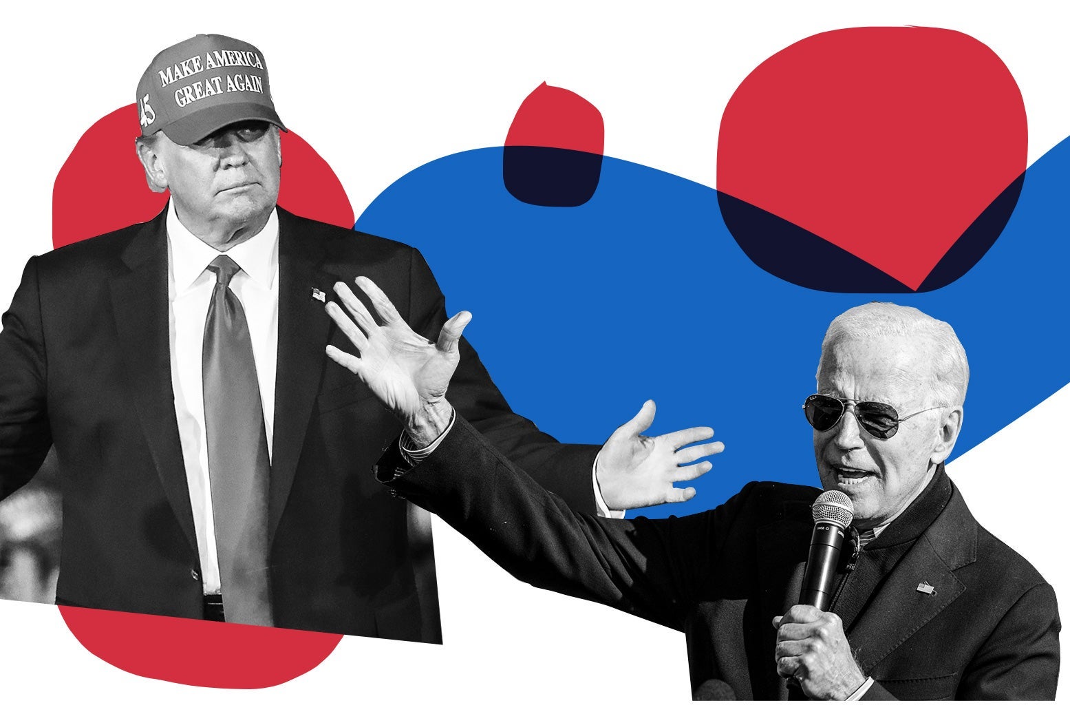 Donald Trump and Joe Biden campaign, arms outstretched toward each other, in front of blue and red shapes.