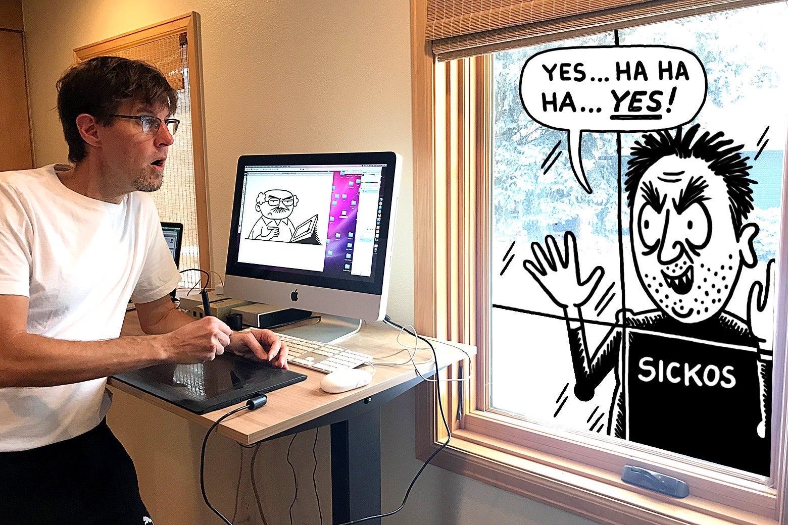 Cartoonist Ward Sutton notices his Sickos cartoon staring at him through the window.