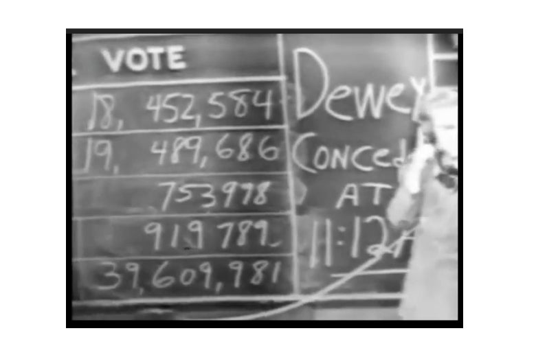 A chalkboard with vote totals.