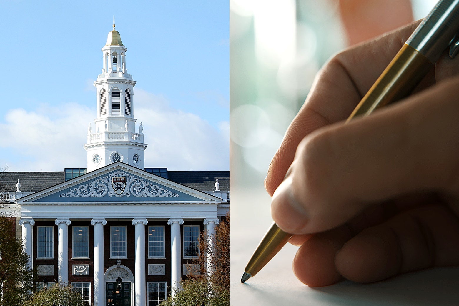 A building at Harvard and a hand holding a pen as if to write a letter.