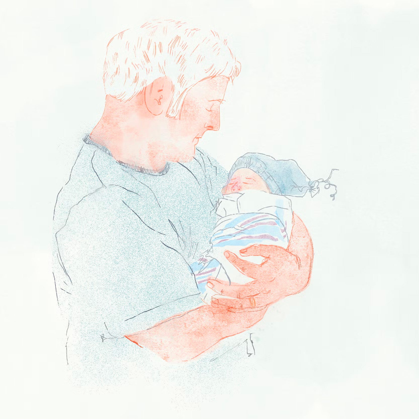 A colored pencil illustration of a man in a blue T-shirt tenderly holding a swaddled baby wearing a blue hat.