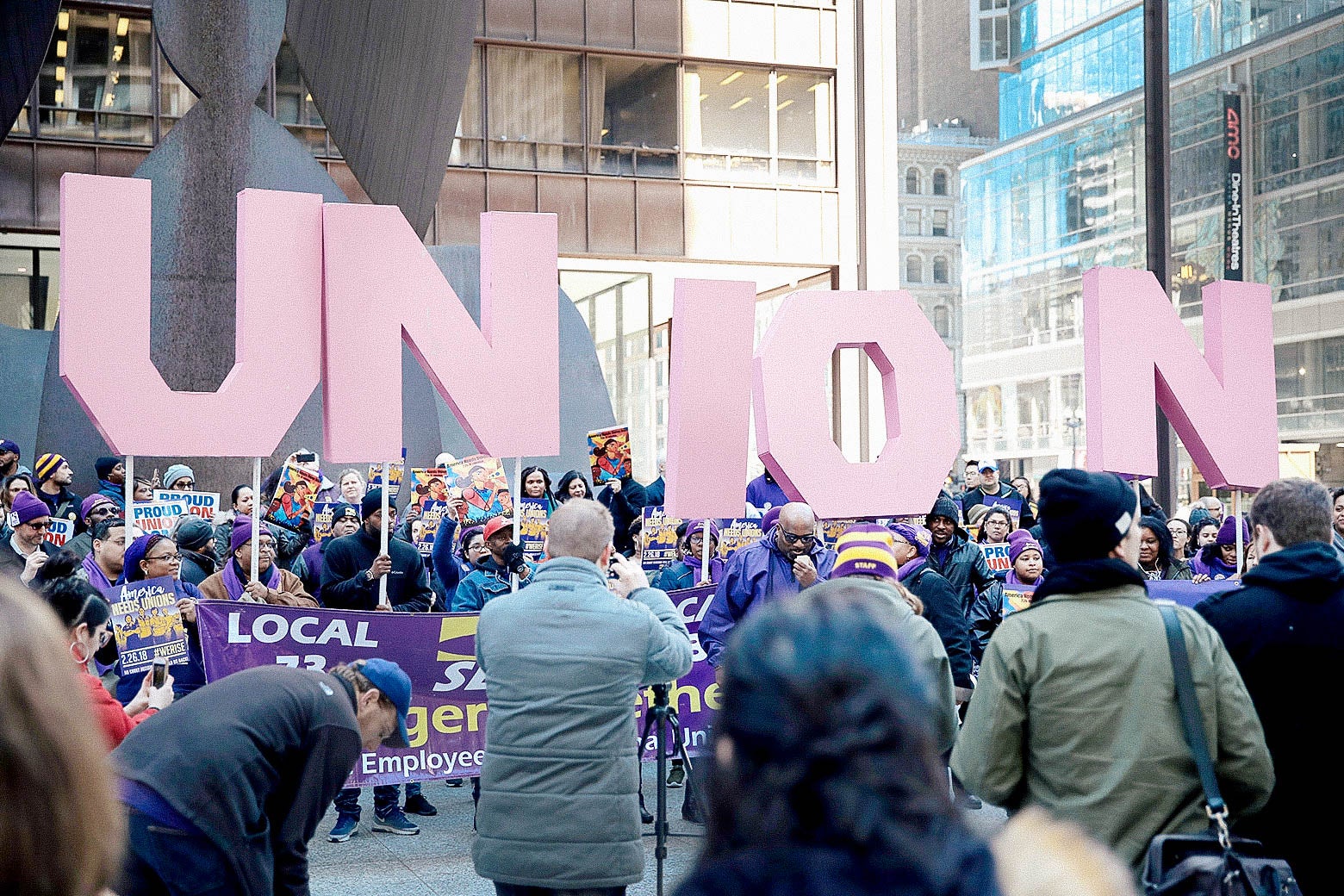 Members of the Service Employees International Union (SEIU) hold a rally in support of the American Federation of State County and Municipal Employees (AFSCME) union at the Richard J. Daley Center plaza on February 26, 2018 in Chicago, Illinois. 