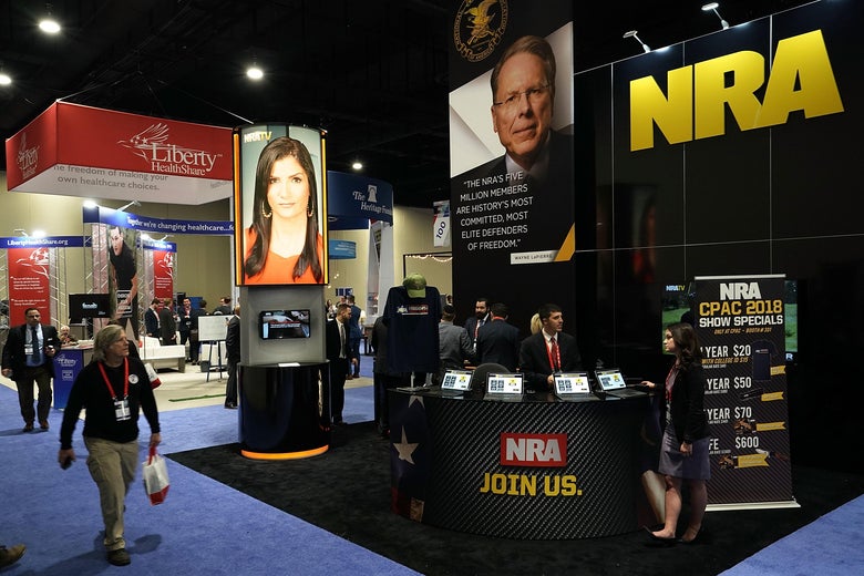 NATIONAL HARBOR, MD - FEBRUARY 22:  The booth of National Rifle Association (NRA) is seen during CPAC 2018 February 22, 2018 in National Harbor, Maryland. The American Conservative Union hosted its annual Conservative Political Action Conference to discuss conservative agenda.  (Photo by Alex Wong/Getty Images)