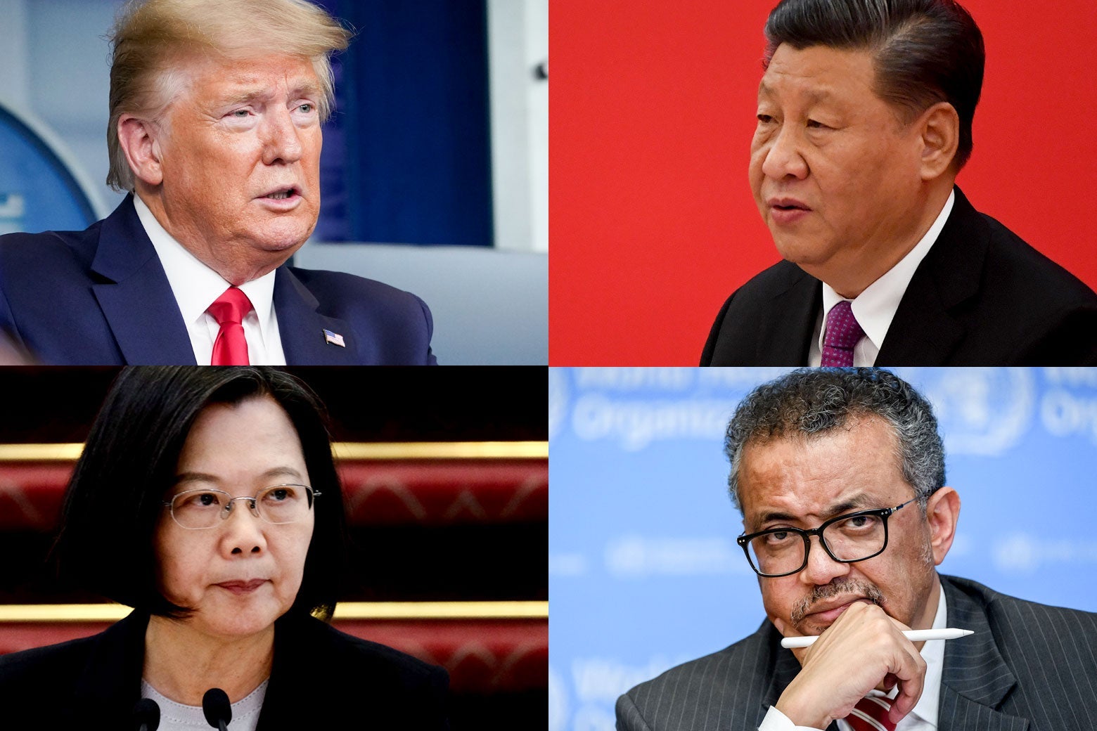 Photo collage of Trump, Xi, Tsai, and Tedros.