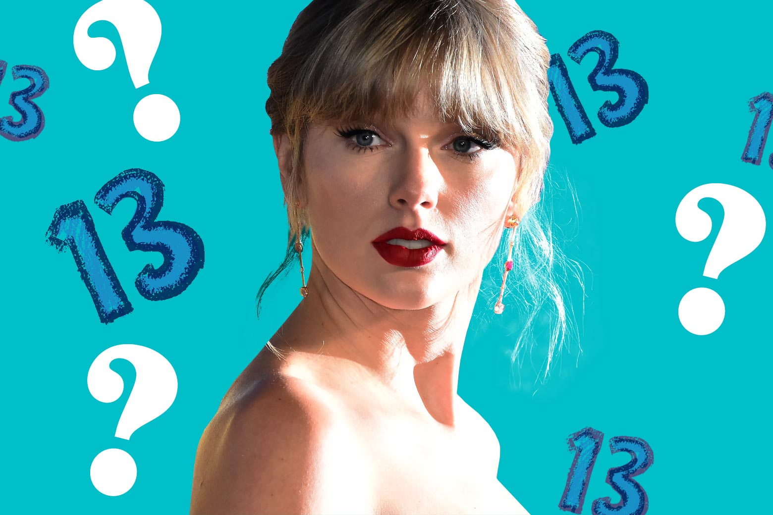 Taylor Swift against a blue background dotted with question marks and 13s.