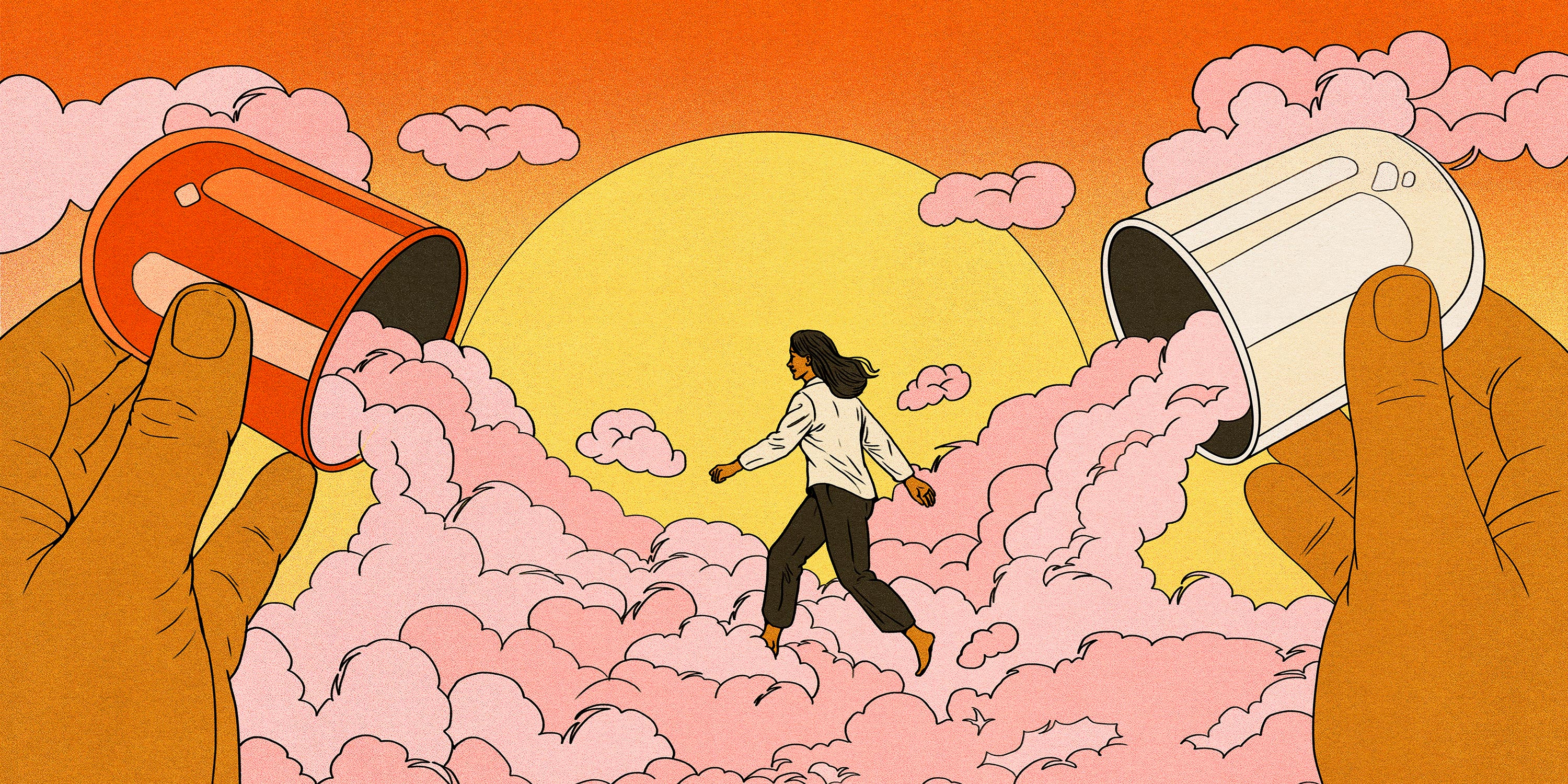 A woman walking happily among pink clouds, which have emerged from a placebo pill.