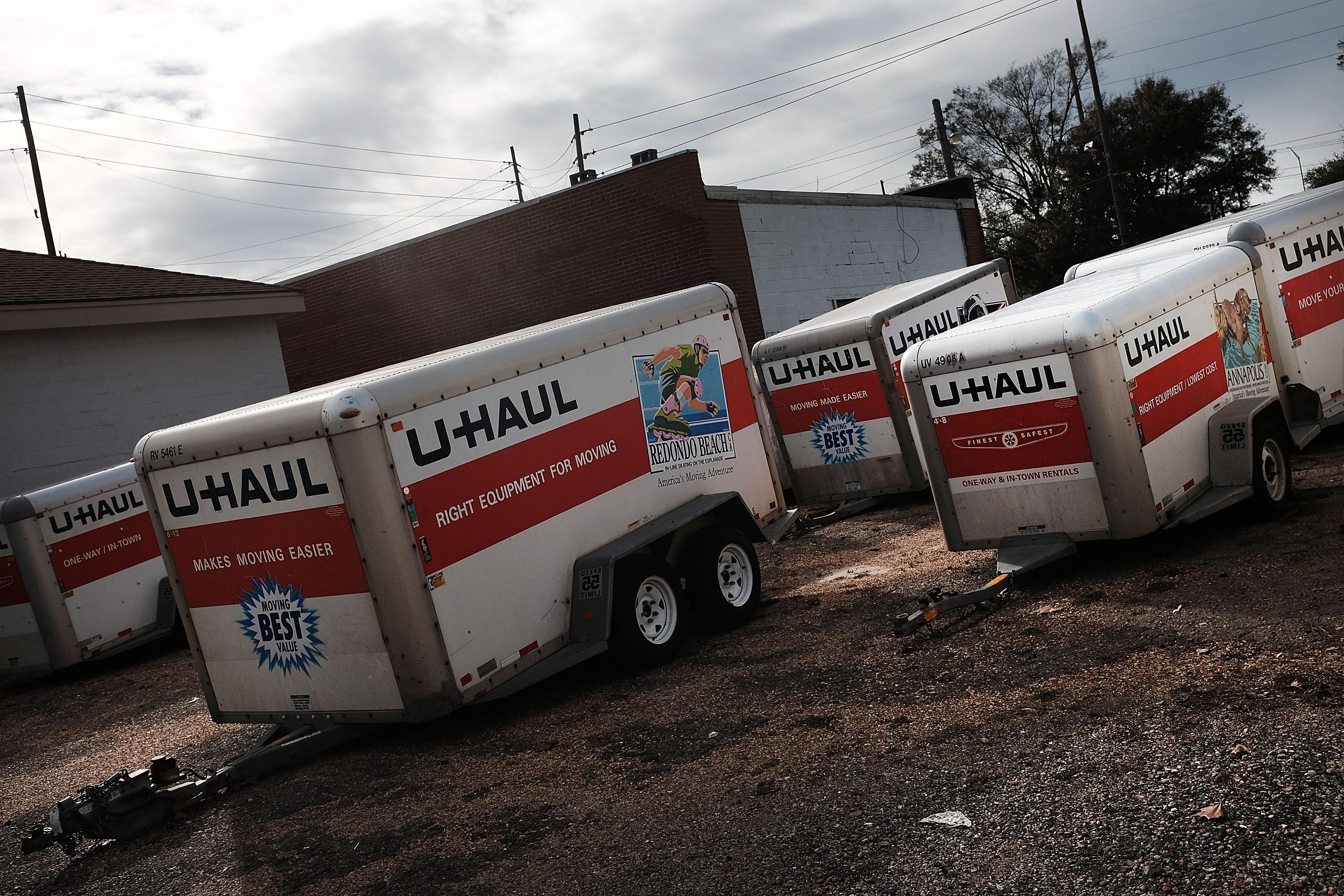 U-Haul trailers in a parking lot