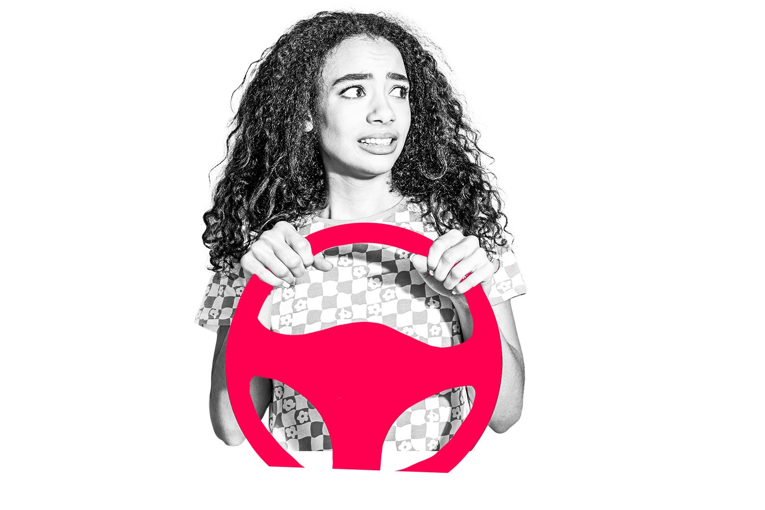 Woman holding a steering wheel.