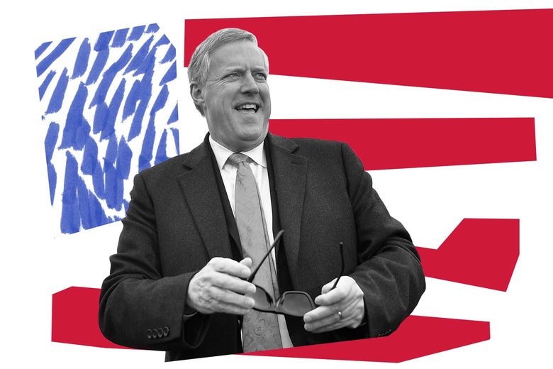 Mark Meadows grinning and holding sunglasses on a background of an illustrated American flag