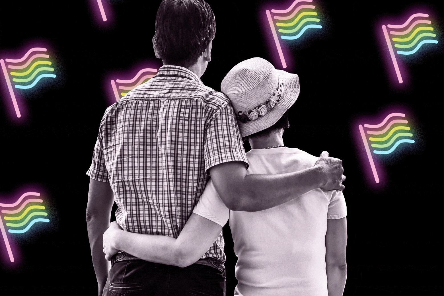 Photo illustration of a couple looking away in front of neon rainbow flags. 