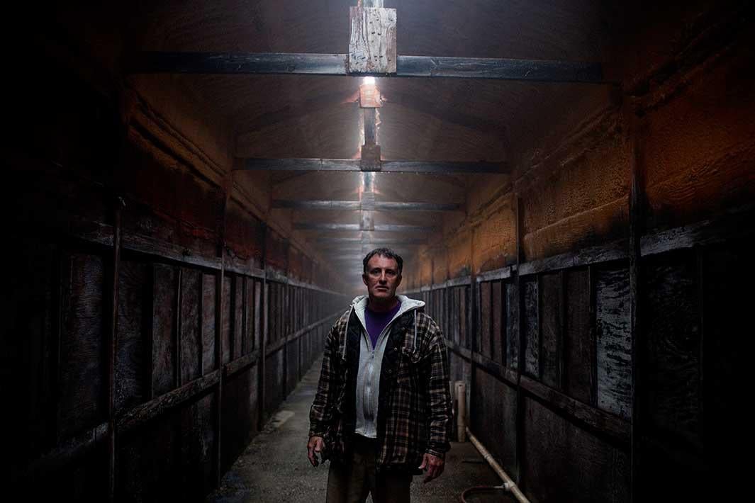 Stephen Paul Bonnecarrere Sr. stands in the walkway of a building where alligators are raised at Daneco Alligator Farm in Houma, Louisiana on Friday, February 19, 2010. Each compartment to his left and right houses approximately 120 young gators which are raised in the dark and nourished by an automatic feeding system that was engineered by Stephen's father-in-law, Dane Ledet Sr. 