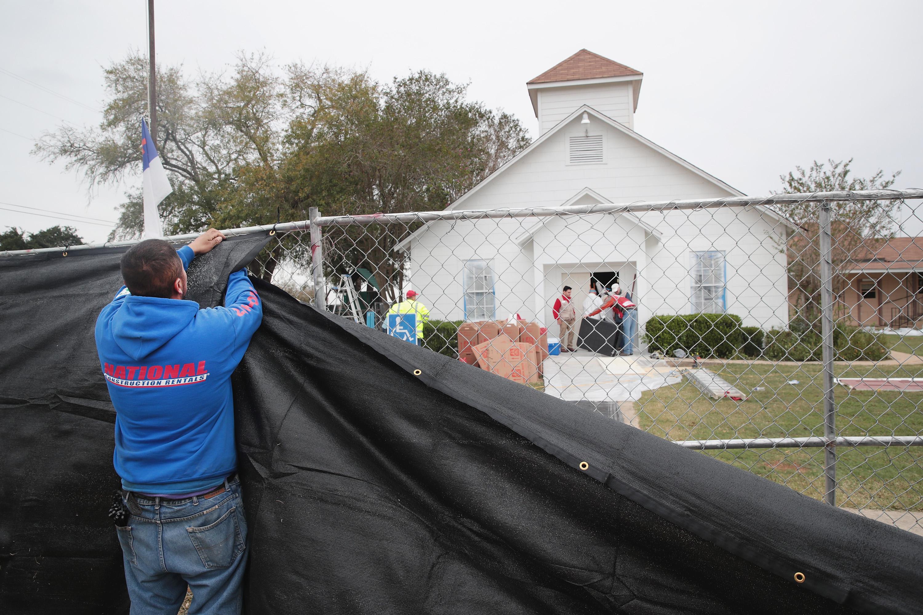 SUTHERLAND SPRINGS, TX - NOVEMBER 09:  A tarp is wrapped around the First Baptist Church of Sutherland Springs as law enforcement officials wrap up their investigation into the shooting on November 9, 2017 in Sutherland Springs, Texas. On November 5th a gunman, Devin Patrick Kelley, opened fire during the Sunday service at the church, killing the 26 people and wounded 20 others.  (Photo by Scott Olson/Getty Images)