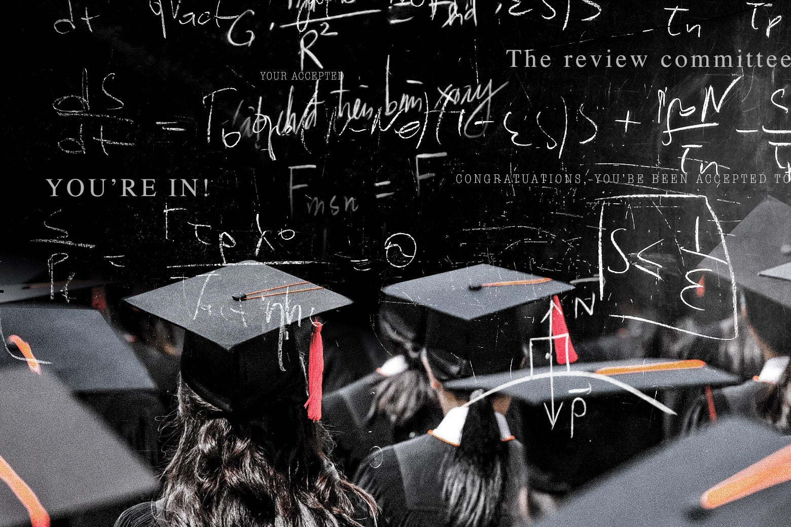Collage of students in cap and gown below algorithms. 
