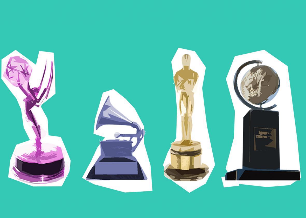 Illustrations of Emmy, Grammy, Oscar, and Pulitzer awards.