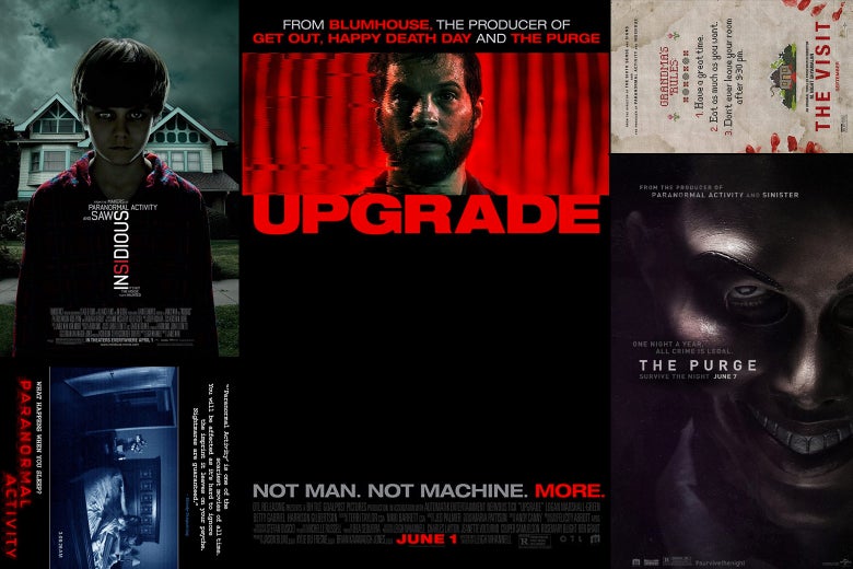 Blumhouse movie posters, including Paranormal Activity, Insidious, Upgrade, The Visit, and The Purge.