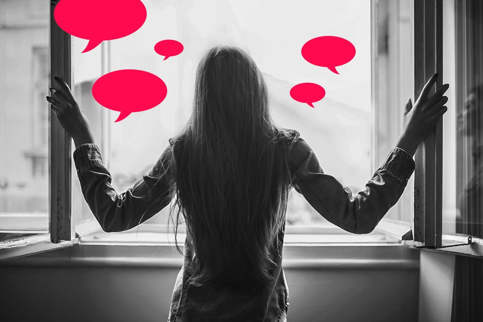 Woman with back to camera, looking out window, surrounded by speech bubbles