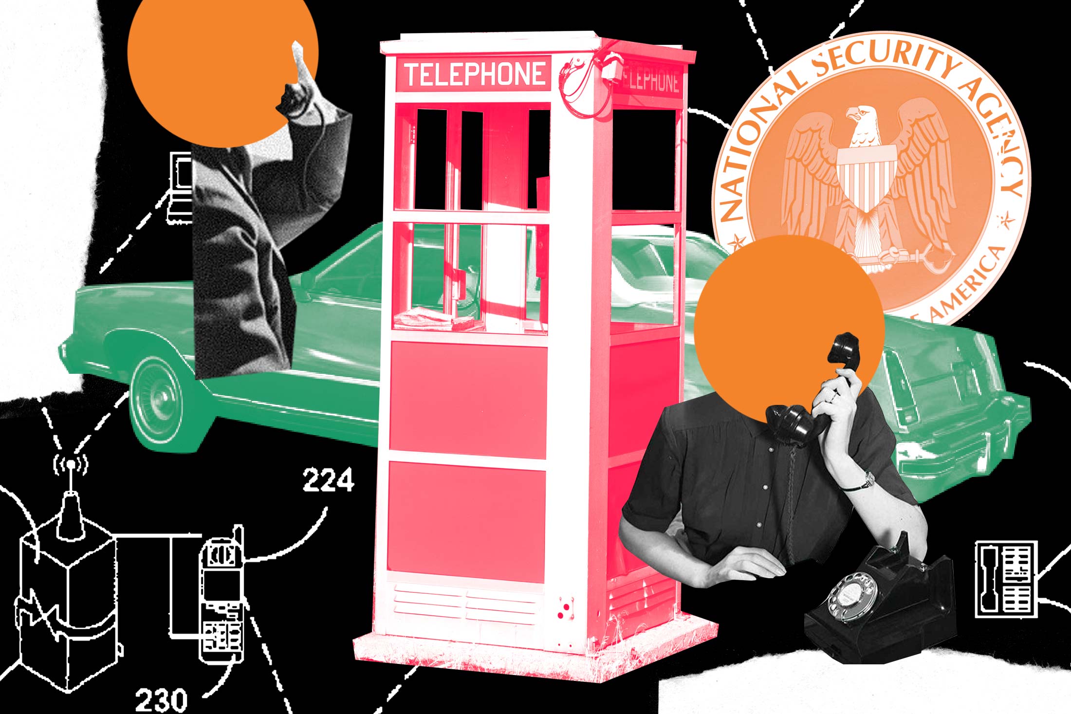 Digital collage of a phone booth, two anonymous people talking on phone, network relay diagrams, and the NSA logo.