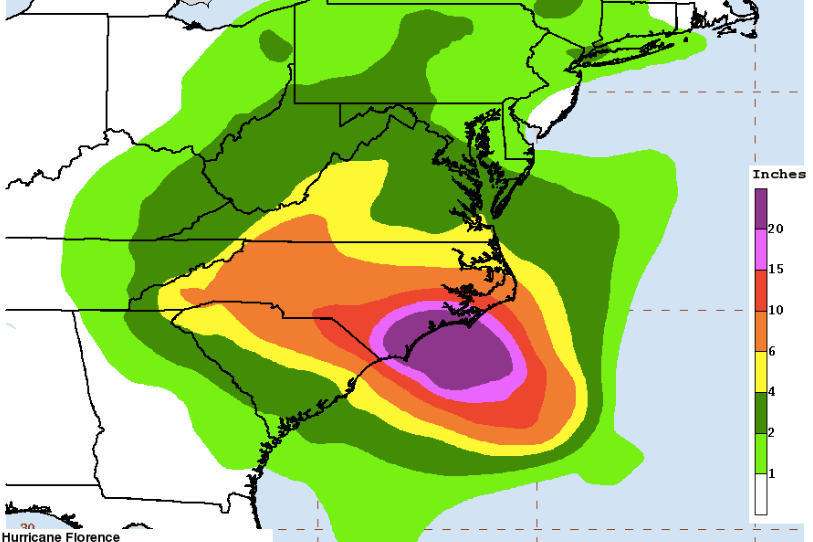 A map of rainfall bands projected from Hurricane Florence.