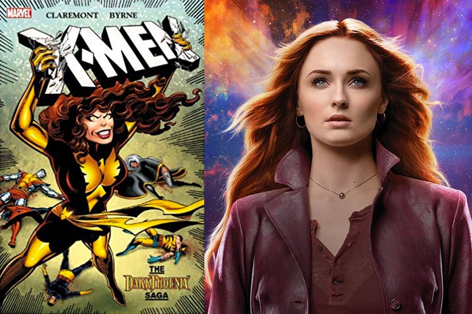 Side-by-side of The Dark Phoenix Saga cover and Sophie Turner, who portrays Jean Grey/Dark Phoenix.
