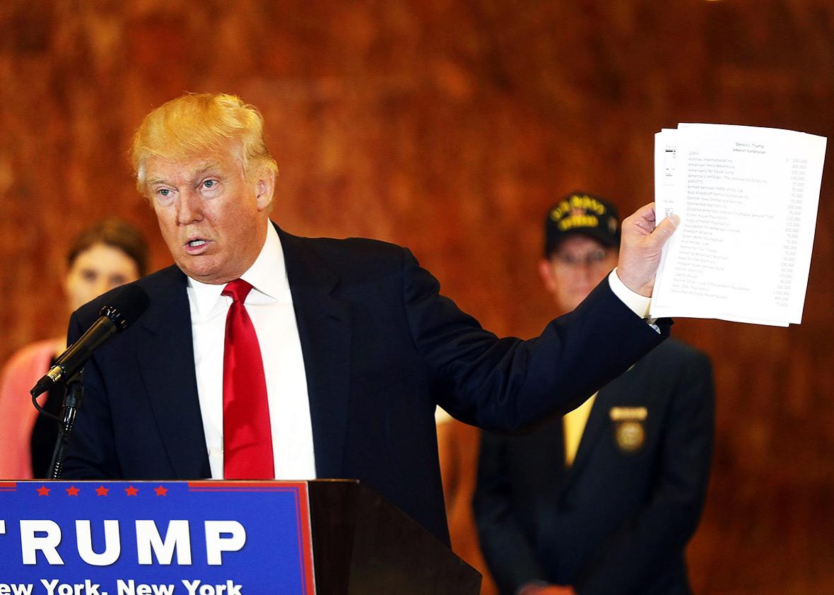 Republican presidential candidate Donald Trump holds a sheet of paper with his donations listed at a news conference at Trump Tower where he addressed issues about the money he pledged to donate to veterans  groups following a skipped a debate in January before the Iowa caucuses on May 31, 2016 in New York City. 
