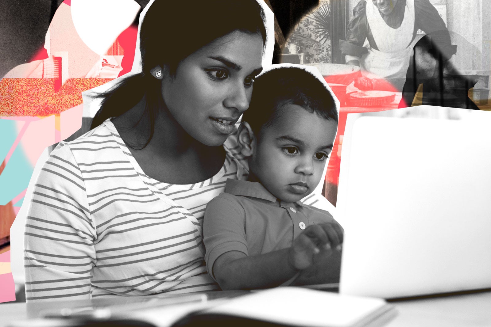 Woman and her son on computer. 