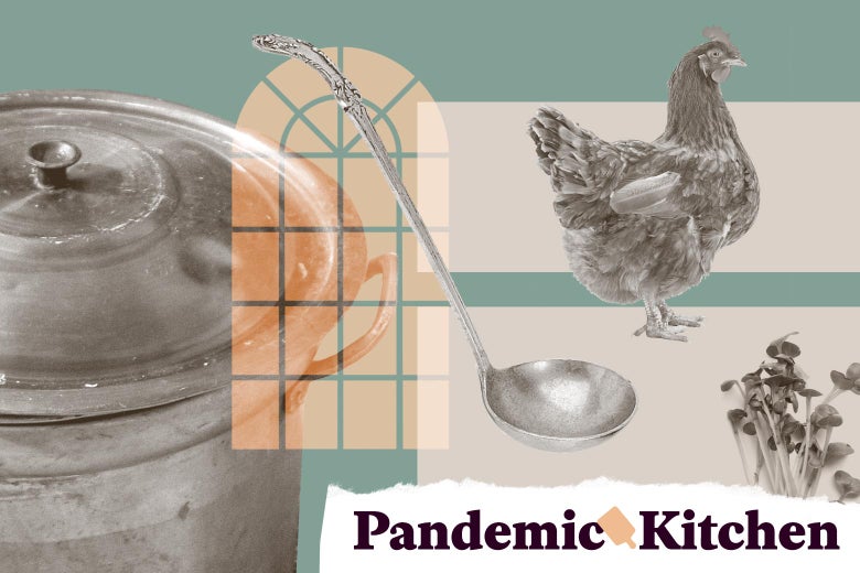 Collage of a stock pot, a soup ladle, a church window, a chicken, and microgreens, with a "Pandemic Kitchen" label in the corner.