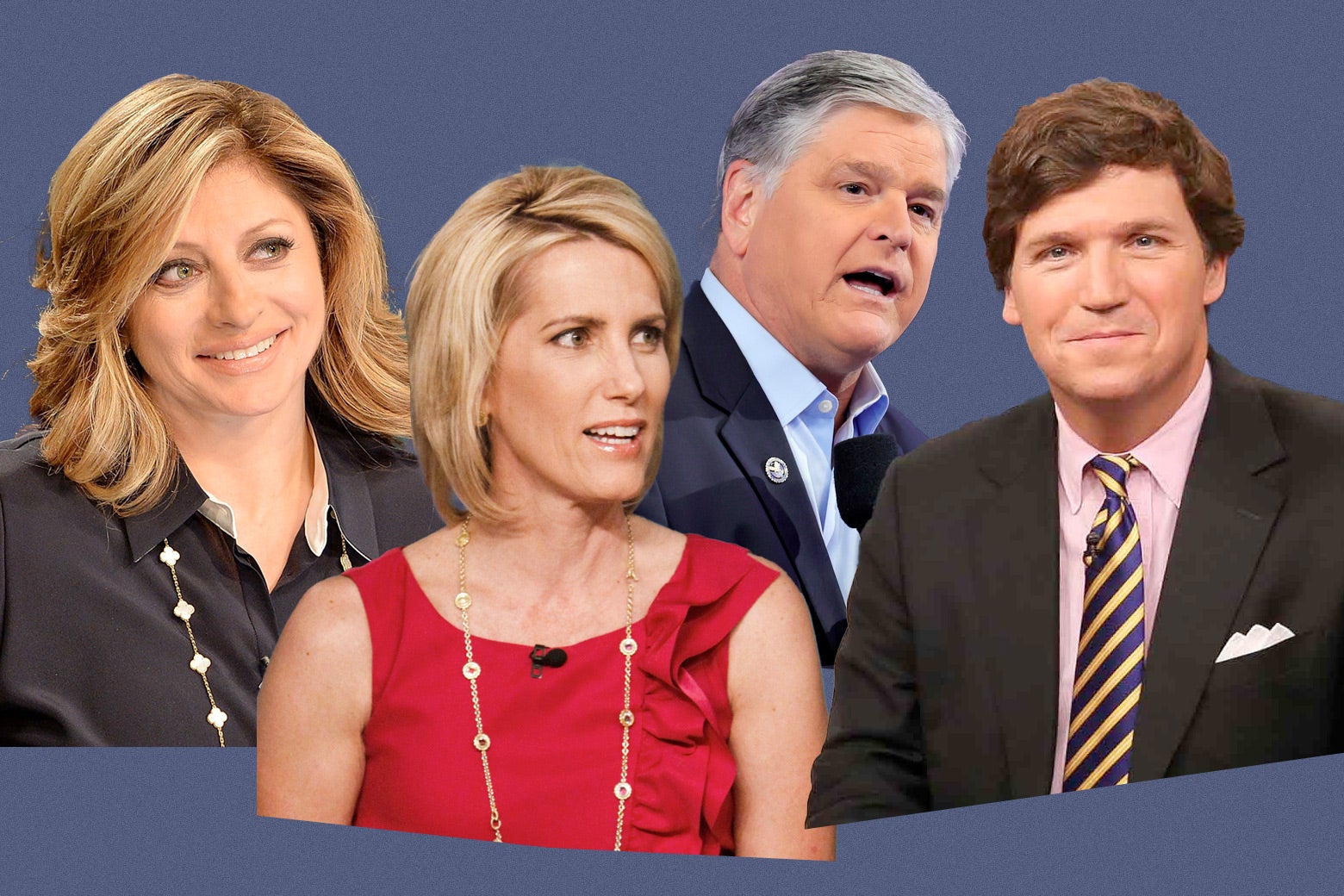 Headshots of Fox News' anchors from left to right: Maria Bartiromo, Laura Ingraham, Sean Hannity and Tucker Carlson