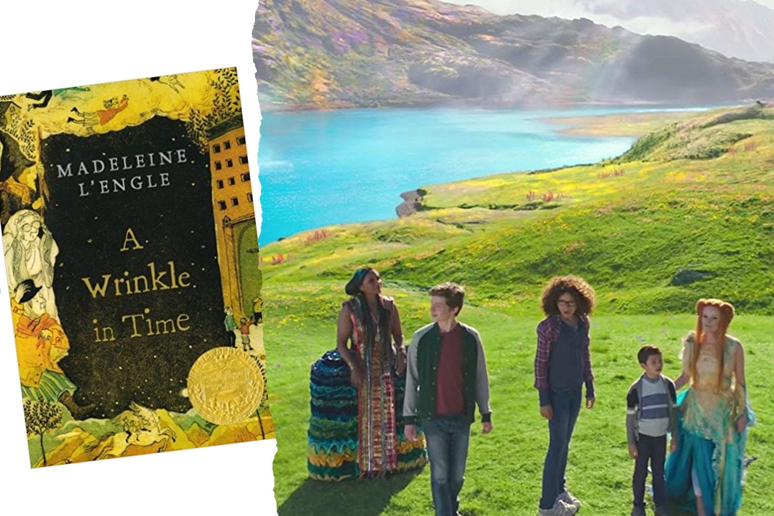 At left: The Wrinkle in Time book jacked. At right: A scene from the film.