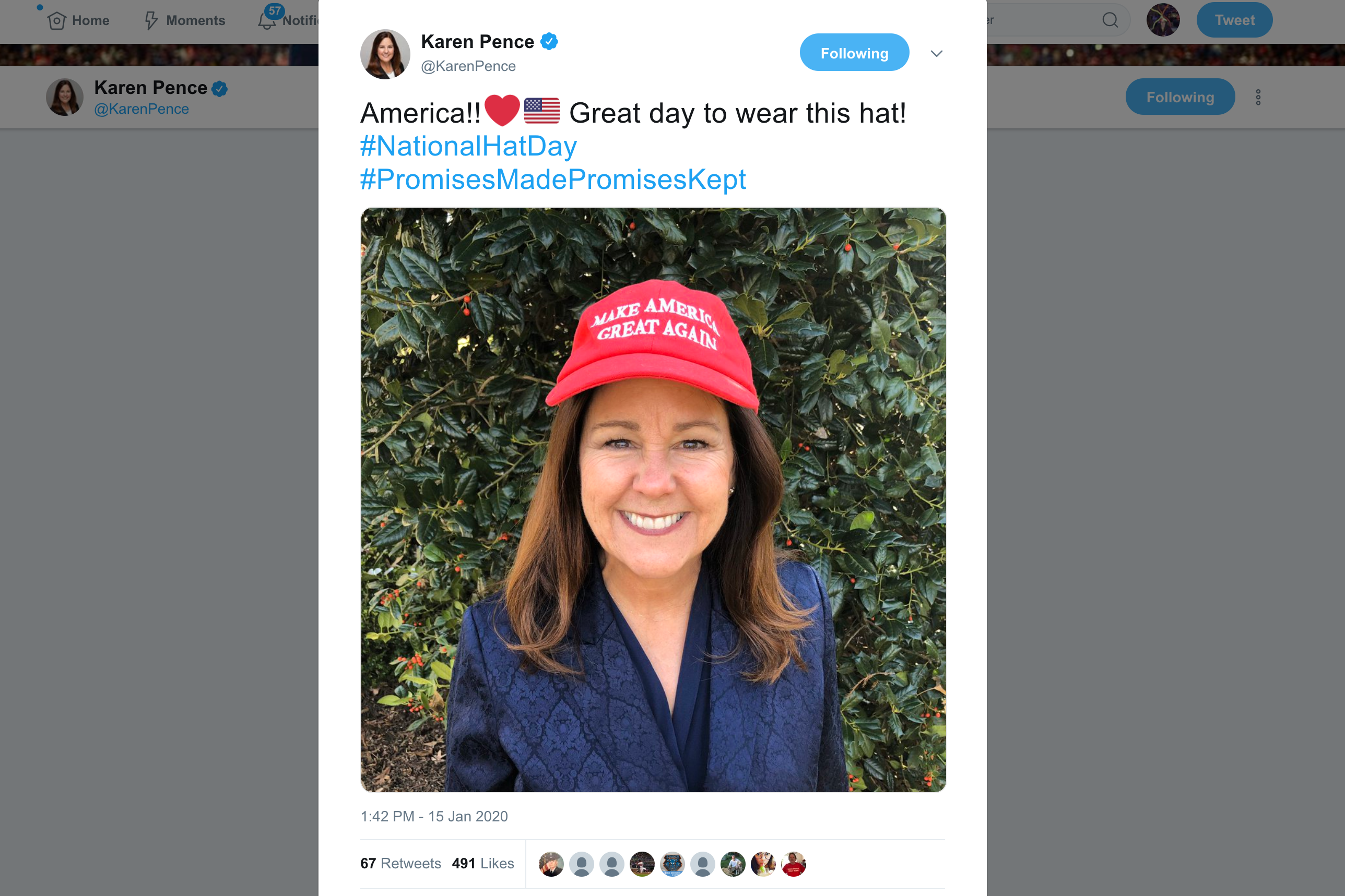 A screenshot of a tweet from Karen Pence, featuring a photo of her wearing a red MAGA hat.